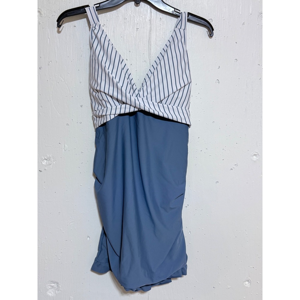 Blue and White Striped Twist Front Ruffle Hem Swim Dress One Piece XL